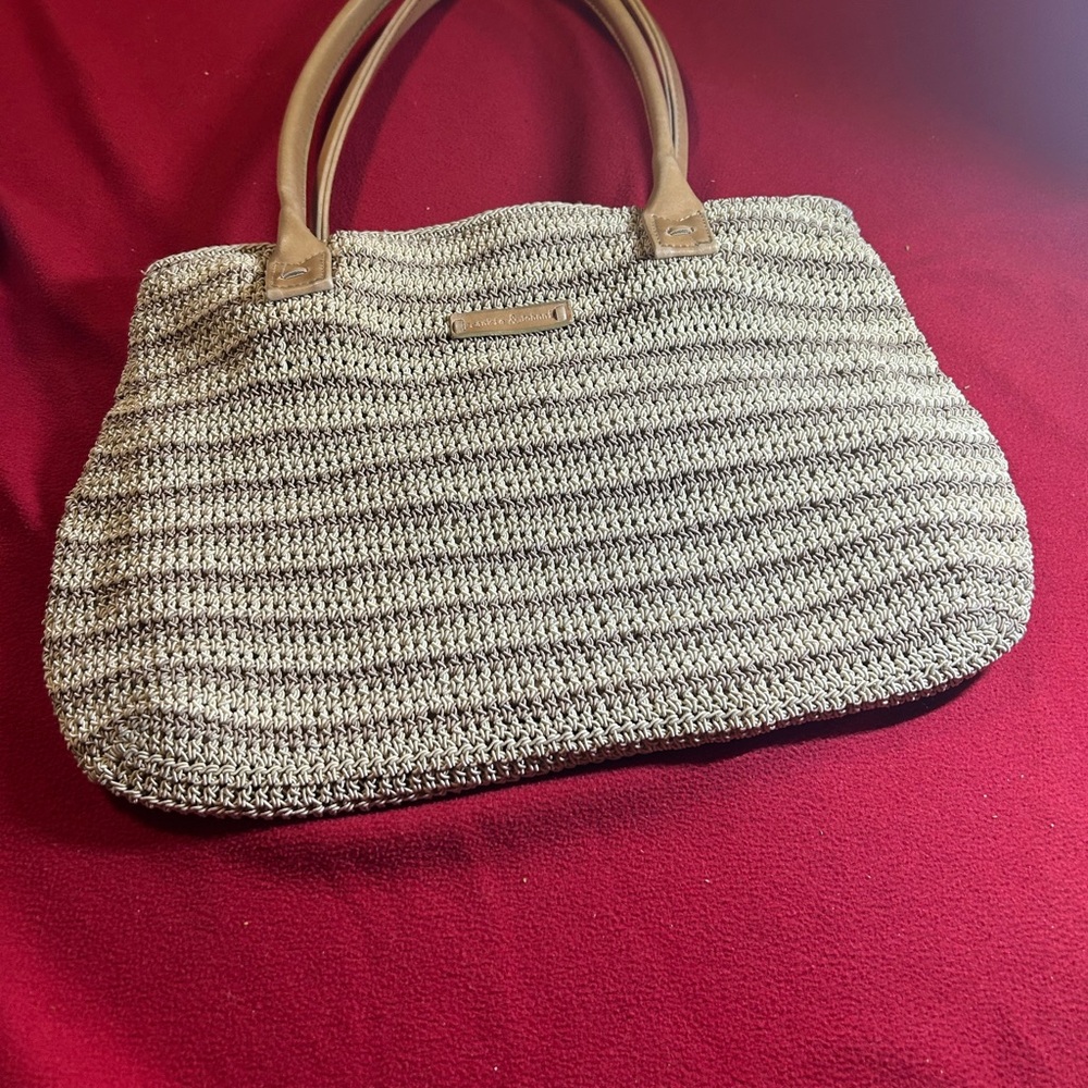 Frankie & Johnnie Chic Tan /Gray Women's Tote Bag- mild wear inside see photos
